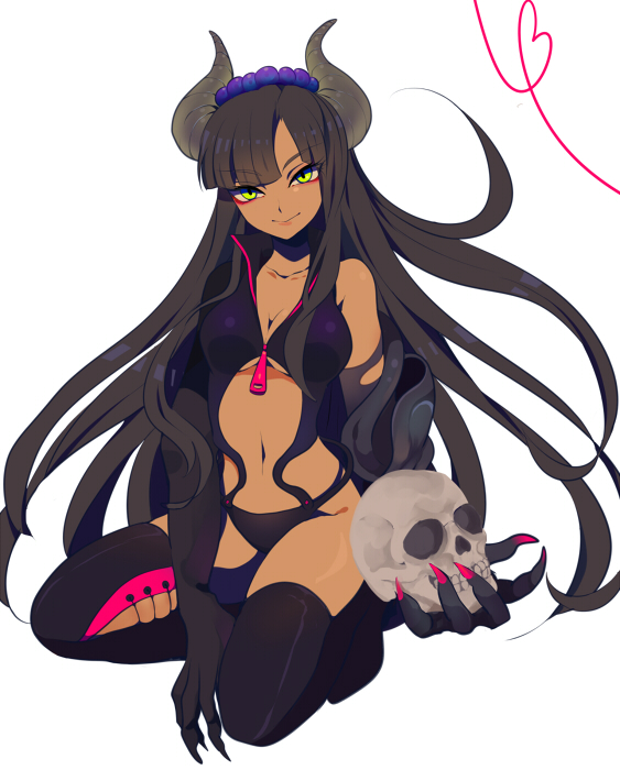 bare_shoulders black_hair black_legwear breasts claws cleavage dark_skin demon_girl green_eyes harano holding horns long_hair looking_at_viewer navel original simple_background sitting skull smile solo squatting thigh-highs thighhighs white_background