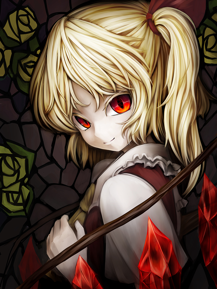 ascot blonde_hair bust dress flandre_scarlet flower hair_ribbon hand_on_own_chest looking_at_viewer nishi_masakazu nishimasa_hito no_hat no_headwear red_dress red_eyes ribbon rose shirt side_ponytail skekyx slit_pupils smile solo stained_glass touhou turning wings yellow_rose