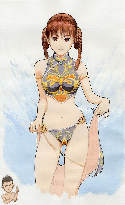 1girl armlet barefoot bikini braid brown_eyes brown_hair chibi_inset concept_art crop_top dead_or_alive dead_or_alive_xtreme hair_rings halter_top halterneck jann_lee lei_fang official_art sarong smile swimsuit traditional_media twin_braids undressing