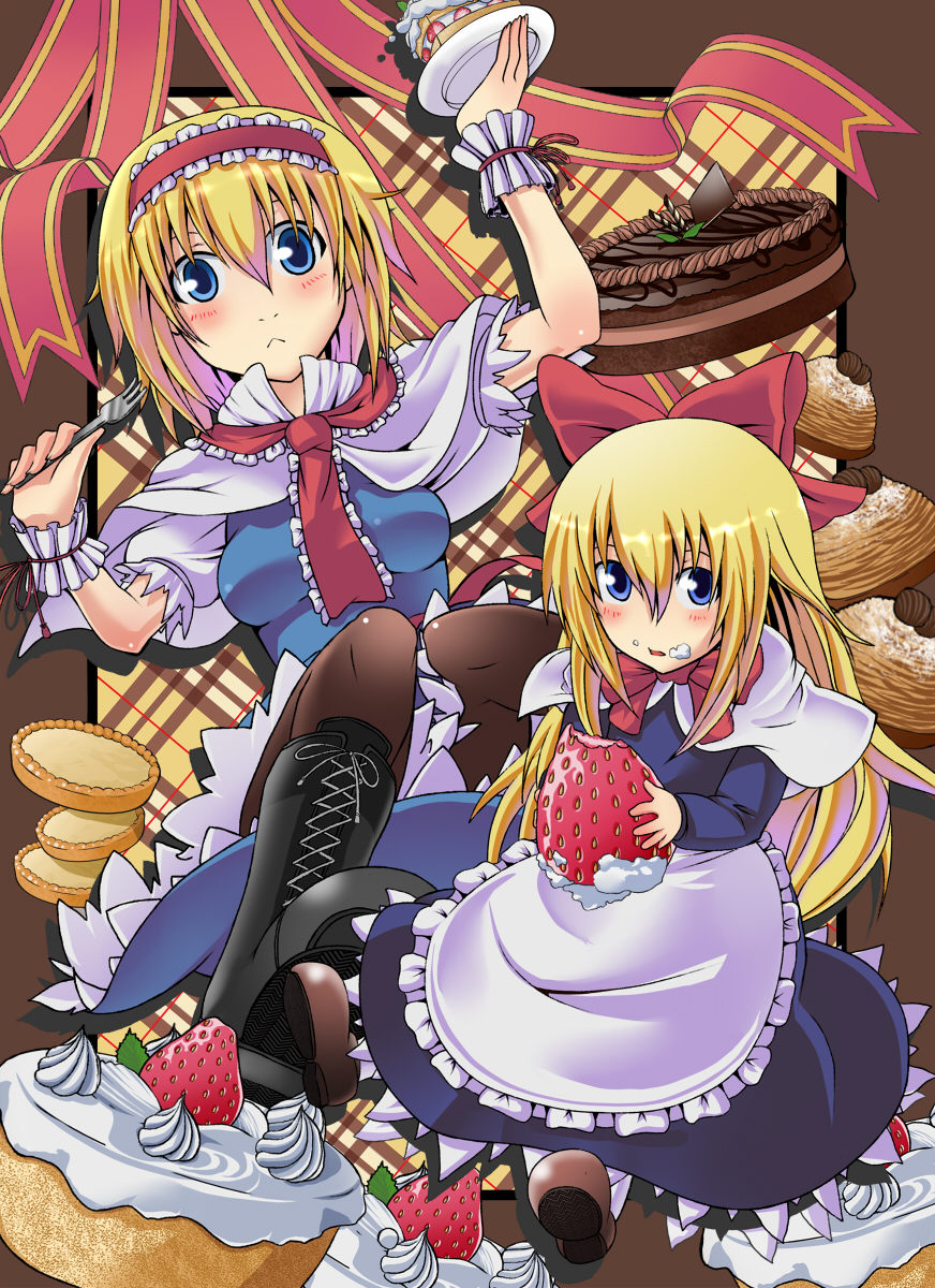 :&lt; alice_margatroid apron arm_up blonde_hair blue_dress blue_eyes blush boots bow breasts cake capelet chocolate_cake cross-laced_footwear dress eating food food_on_face fork fruit hairband highres irie_(masaki) long_hair long_sleeves looking_at_viewer plate puffy_sleeves shanghai shanghai_doll short_hair short_sleeves strawberry touhou waist_apron whipped_cream wrist_cuffs wrist_ribbon