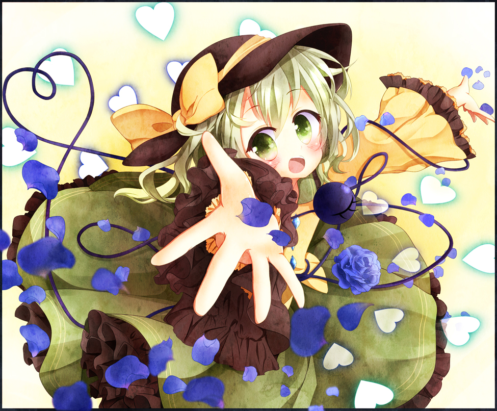 1girl blue_rose blush eyeball flower green_eyes green_hair hat hat_ribbon heart heart_of_string komeiji_koishi open_mouth petals ribbon rose sakura_(kasupi) short_hair silver_hair skirt smile solo third_eye touhou wide_sleeves