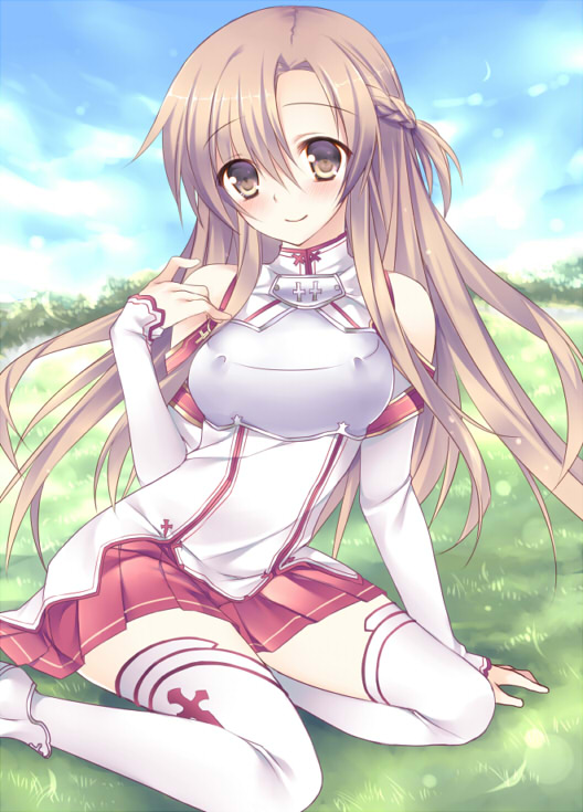 asuna_(sao) bare_shoulders blush breastplate brown_eyes brown_hair detached_sleeves grass long_hair sitting smile solo soraishinya sword_art_online thigh-highs thighhighs white_legwear