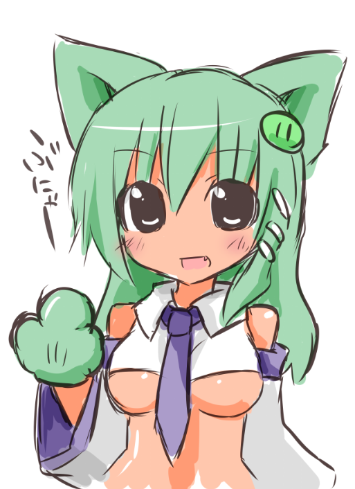 :d animal_ears bangs bare_shoulders black_eyes blush breasts bust cat_ears cat_paws crop_top detached_sleeves fang frog_hair_ornament green_hair hair_between_eyes hair_ornament himegi kemonomimi_mode kochiya_sanae long_hair midriff necktie no_bra open_mouth paws rough shirt simple_background smile snake_hair_ornament solo touhou under_boob underboob waving white_background wide_hips wide_sleeves