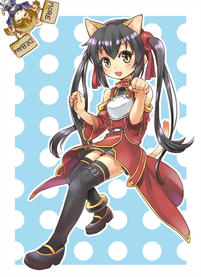 :3 animal_ears bare_shoulders black_hair blush breastplate cat_ears cat_tail chibi k-on! long_hair more_deban multiple_girls nakano_azusa open_mouth rori_chuushin silica silica_(cosplay) silica_(sao-alo) skirt sword_art_online tail thighhighs twintails yellow_eyes