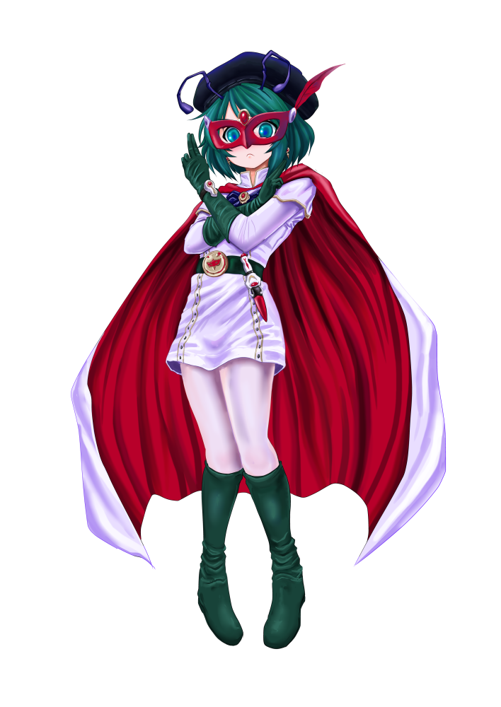 alternate_costume belt bishoujo_kamen_powatrin blue_eyes blush cape cosplay domino_mask earrings gloves green_hair hat jewelry long_sleeves madara_inosuke mask powatrin powatrin_(cosplay) short_hair solo standing touhou weapon white_background wriggle_nightbug