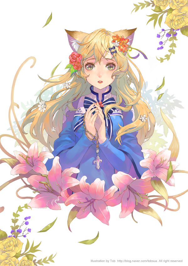 1girl animal_ears artist_name blonde_hair bow dress flower green_eyes hair_bow hair_flower hair_ornament hands_together leaf lily_(flower) long_hair original parted_lips plant rosary solo tob watermark web_address