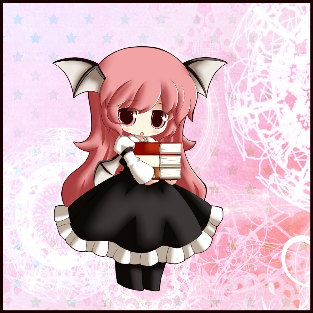 :d bat_wings black_dress book book_stack carrying chibi cocozasa dress frame head_wings holding holding_book juliet_sleeves koakuma long_hair long_sleeves open_mouth puffy_sleeves red_eyes red_hair redhead shirt smile solo touhou wings