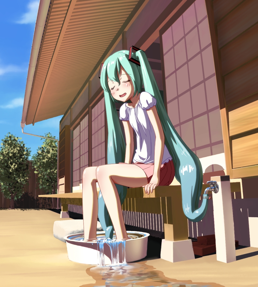 ares_(garuda) closed_eyes eyes_closed faucet feet_in_water green_hair hatsune_miku hose long_hair open_mouth sitting soaking_feet solo twintails uz3d very_long_hair vocaloid water