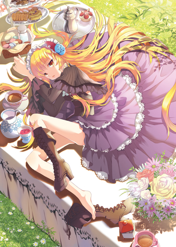 barefoot blonde_hair boots cross-laced_footwear cup dress flower food frills gothic_lolita grass headband high_heels jar lace-up_boots legs lolita_fashion long_hair long_sleeves macaron mintchoco on_side original parted_lips pastry shadow shoes single_shoe table tablecloth teacup teapot very_long_hair yellow_eyes