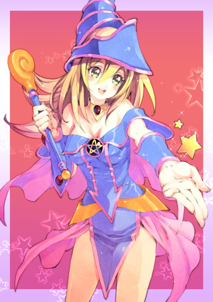 :d bare_shoulders blonde_hair blush blush_stickers breasts cleavage dark_magician_girl detached_sleeves duel_monster furikawa_arika green_eyes hat long_hair open_mouth outstretched_hand penatagram pentacle pentagram smile solo star wand wizard_hat yu-gi-oh! yuu-gi-ou
