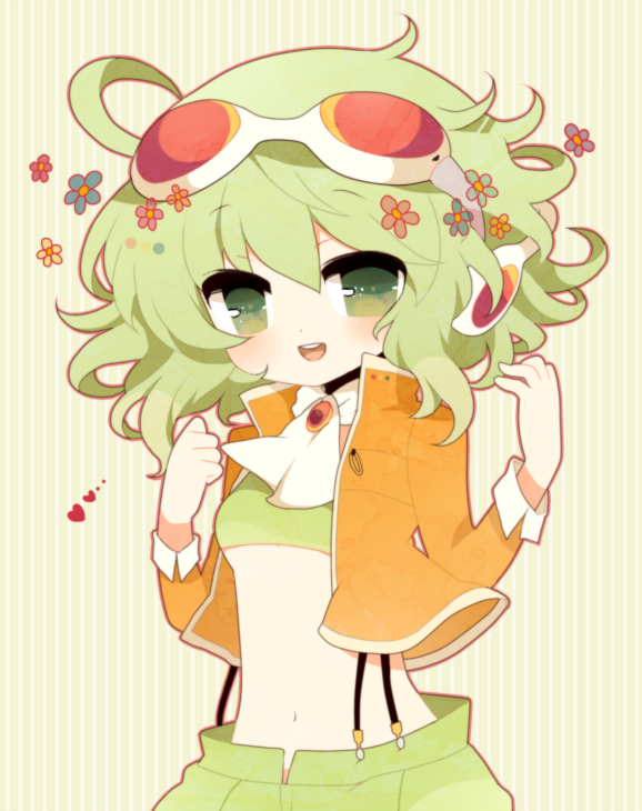 ahoge bad_id brooch cravat crop_top flower goggles goggles_on_head green_background green_eyes green_hair gumi haru_(kyou) headphones heart jacket jewelry looking_at_viewer megpoid_(vocaloid3) midriff navel open_mouth short_hair smile solo striped striped_background suspenders vocaloid