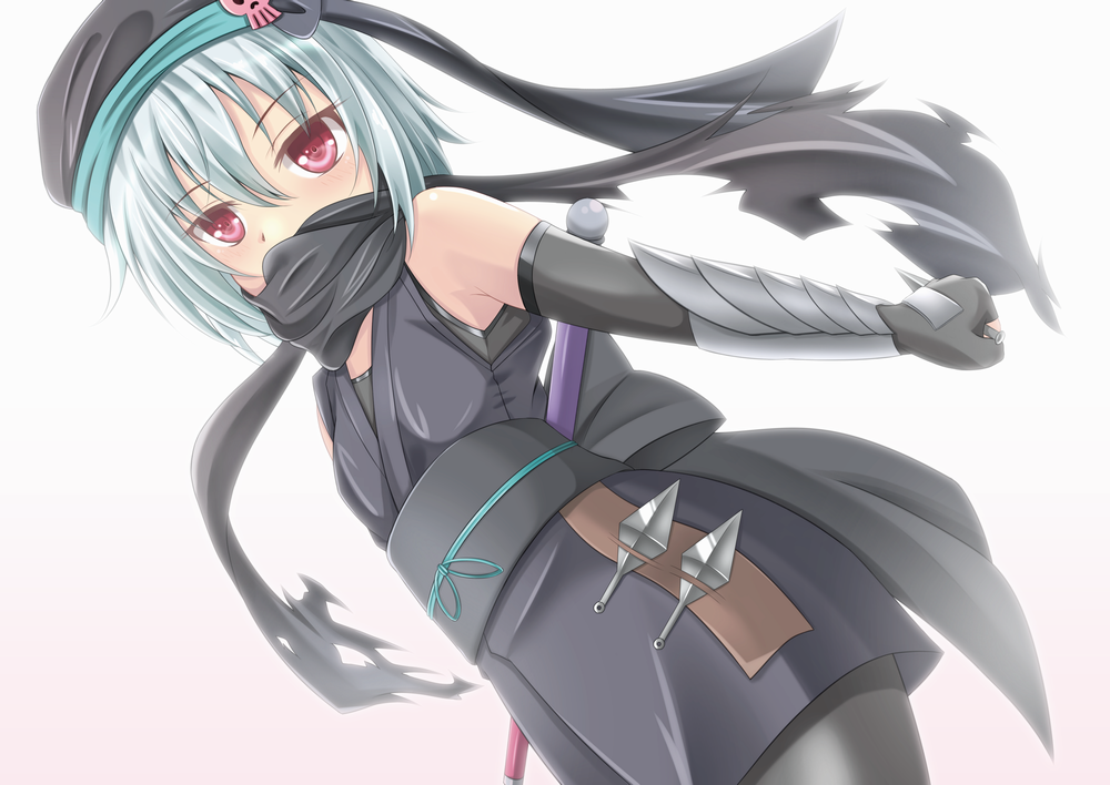 fingerless_gloves fuku_d gloves hachisuka_goemon hat kunai ninja oda_nobuna_no_yabou pantyhose red_eyes scarf shiny_clothes short_hair silver_hair skull solo weapon