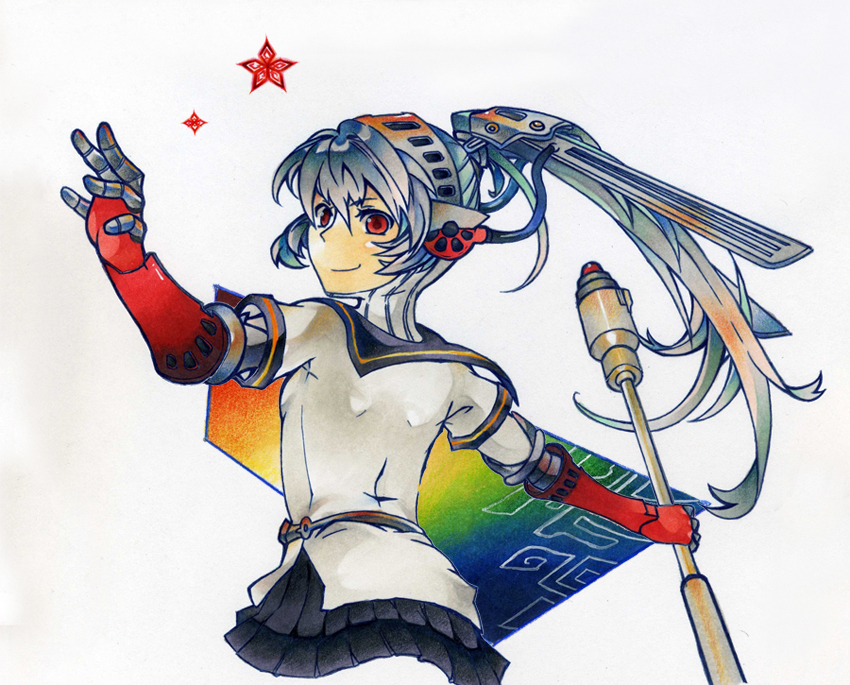 android aqua_hair blue_hair headphones labrys long_hair persona persona_4:_the_ultimate_in_mayonaka_arena pleated_skirt ponytail red_eyes robot_joints school_uniform skirt very_long_hair