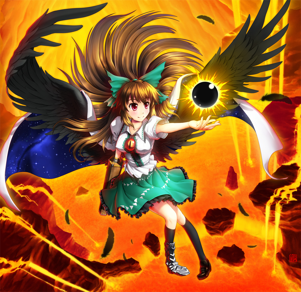 arm_cannon black_wings blush bow brown_hair cape energy_ball hair_bow long_hair molten_rock muchousha open_mouth puffy_sleeves red_eyes reiuji_utsuho rock short_sleeves solo touhou weapon wings