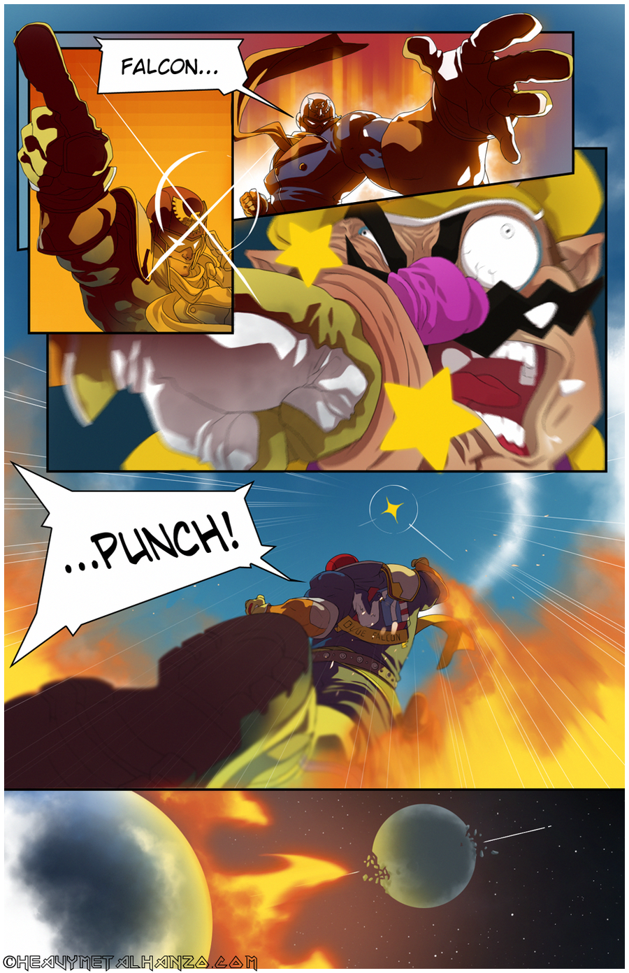 broken_teeth captain_falcon comic explosion f-zero face facial_hair falcon_punch gloves hat helmet highres metalhanzo moon multiple_boys mustache nintendo punching scarf super_smash_bros. wario watermark web_address