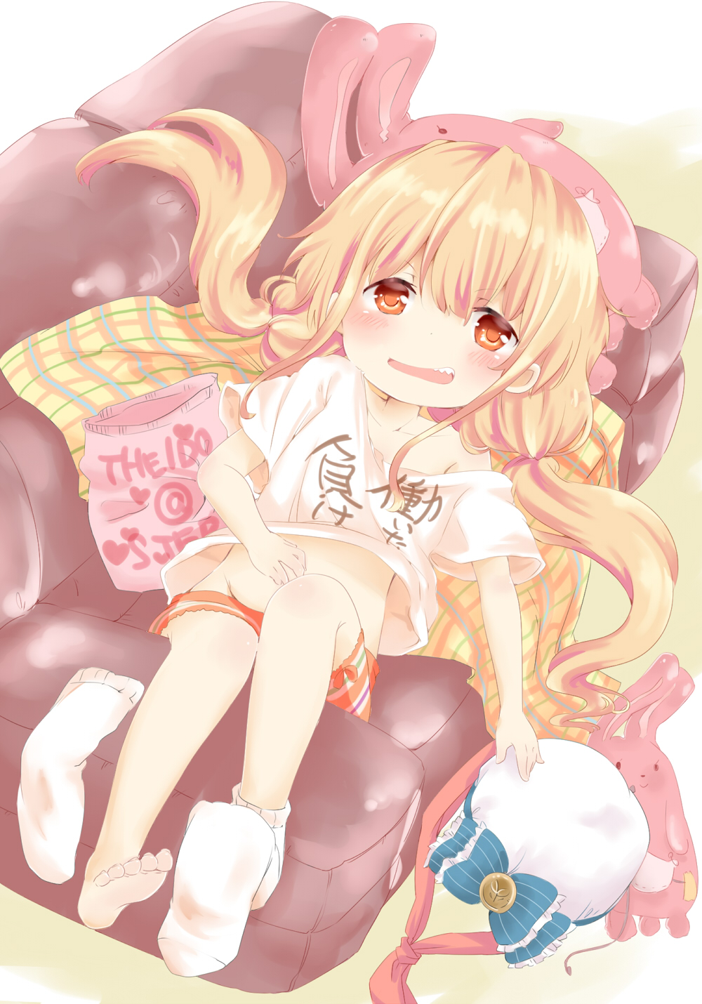 blonde_hair brown_eyes couch feet futaba_anzu hand_on_stomach hat highres idolmaster idolmaster_cinderella_girls mani2340 plush_toy rabbit socks t-shirt teeth twintails