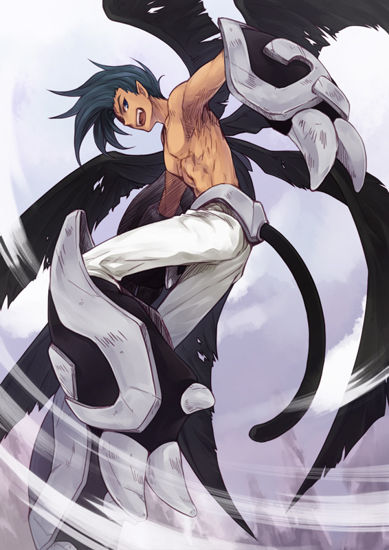 armpits black_hair blue_eyes chest fangs from_below houshin_engi male open_mouth pointy_ears raishinshi shirtless solo tail utsugi_(skydream) wings