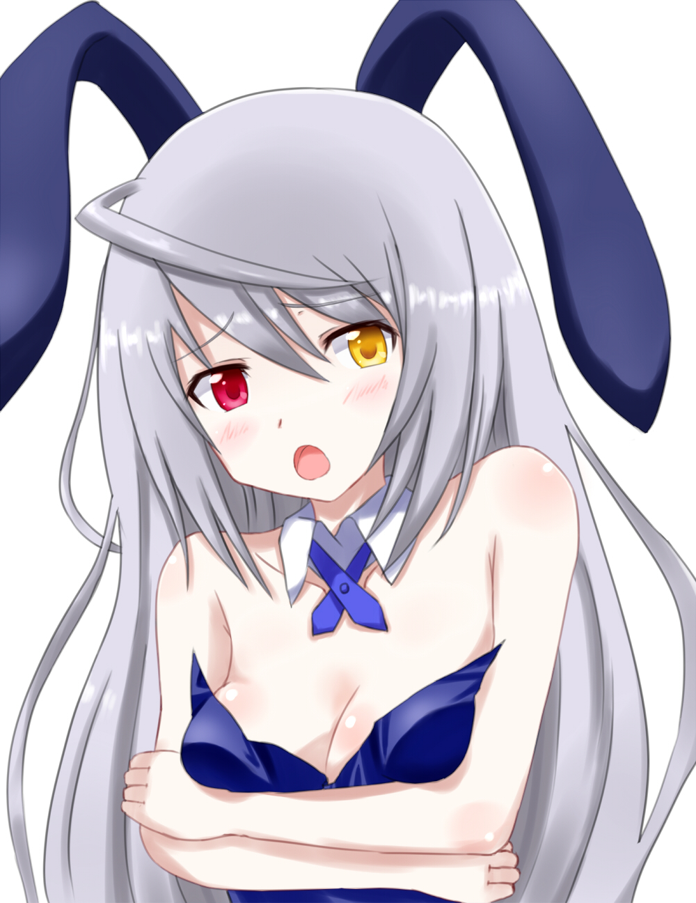 animal_ears bare_shoulders blush breasts bunny_ears bunnysuit cleavage detached_collar emerada121 heterochromia highres infinite_stratos laura_bodewig long_hair no_eyepatch open_mouth rabbit_ears red_eyes silver_hair solo white_background yellow_eyes