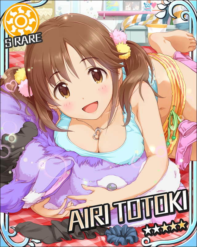 :d barefoot bed bed_sheet bedroom breast_rest breasts brown_eyes brown_hair cleavage hair_ornament idolmaster idolmaster_cinderella_girls indoors jewelry looking_at_viewer lying midriff official_art on_bed open_mouth pendant room shorts sleeveless smile socks socks_removed solo stuffed_animal stuffed_donkey stuffed_toy sun_(symbol) tank_top totoki_airi twintails