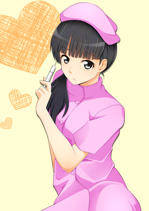 amagami ayatsuji_tsukasa bangs black_eyes black_hair female hat heart kishida-shiki nurse nurse_cap simple_background solo syringe