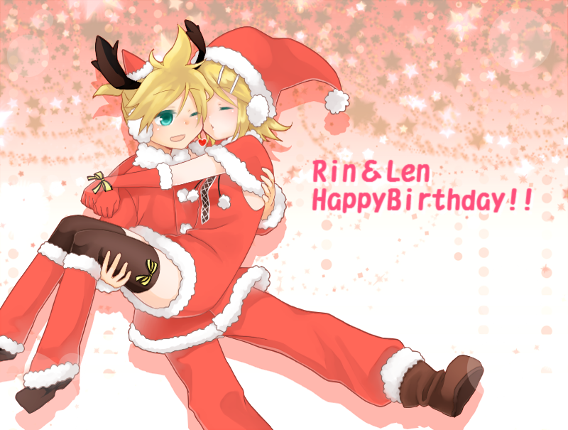 1girl blonde_hair brother_and_sister carrying character_name closed_eyes eyes_closed gloves happy_birthday hat hug kagamine_len kagamine_rin nyakelap open_mouth princess_carry santa_costume santa_hat short_hair siblings thigh-highs thighhighs twins vocaloid