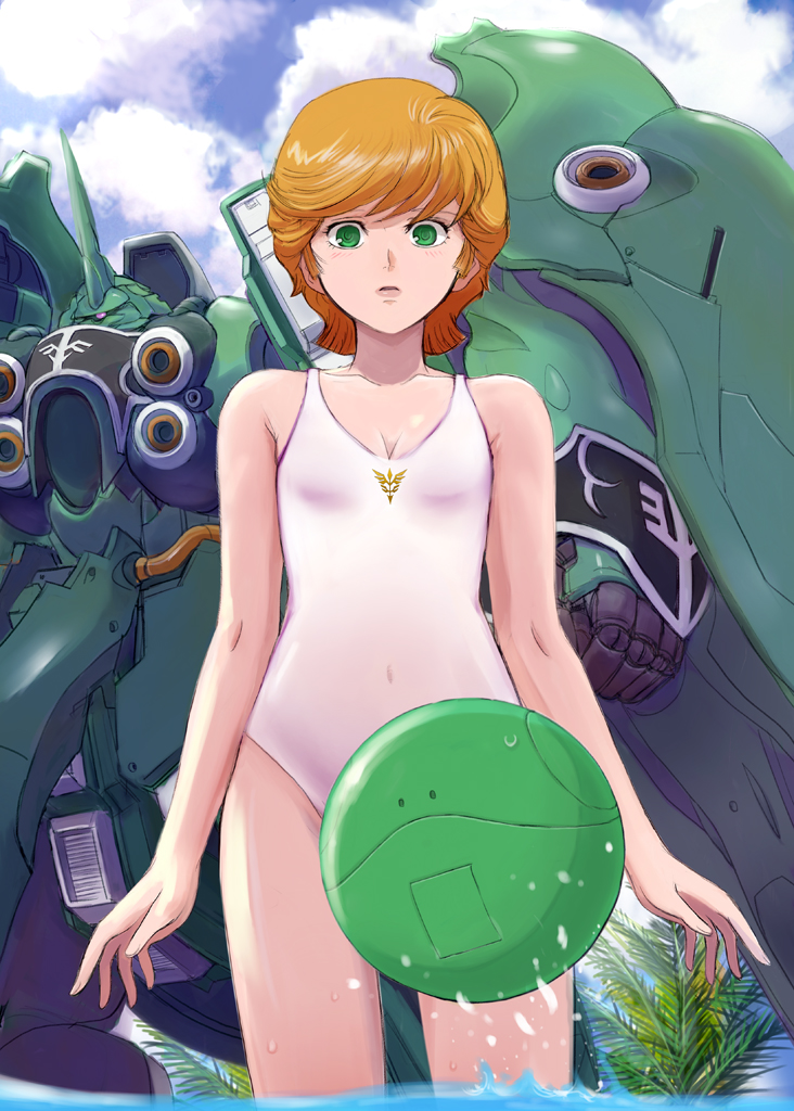 audrey_burne blush clothed_navel cloud clouds gacha-m green_eyes gundam gundam_unicorn haro kshatriya mecha one-piece_swimsuit orange_hair parted_lips robot short_hair swimsuit wading wet white_swimsuit zeon