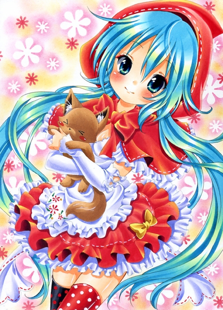 aqua_eyes aqua_hair blush cosplay hatsune_miku hinako_(turip-turop) holding little_red_riding_hood little_red_riding_hood_(cosplay) little_red_riding_hood_(grimm) long_hair marker_(medium) pastel_(medium) project_diva project_diva_2nd skirt smile solo thigh-highs thighhighs traditional_media twintails very_long_hair vocaloid