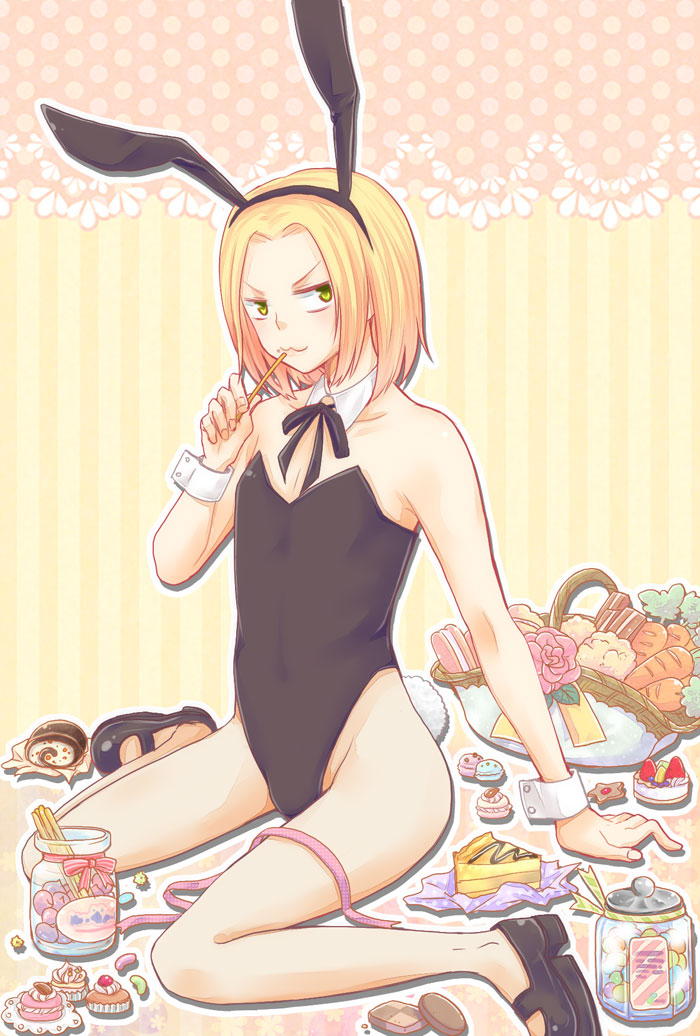 :3 androgynous animal_ears axis_powers_hetalia bare_legs basket black_legwear blonde_hair bulge bunny_ears bunny_tail bunnysuit cake candy carrot cookie crossdressinging detached_collar food green_eyes jar macaron male mary_janes noki_(malachitepower) poland_(hetalia) rabbit_ears ribbon shoes short_hair smile tail trap wrist_cuffs