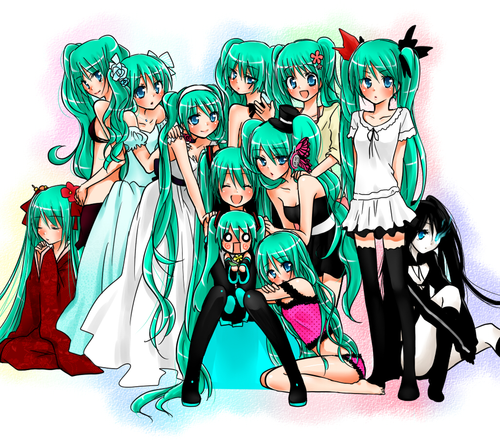 :d ^_^ acute_(vocaloid) aqua_hair arms_behind_back bare_shoulders black_dress black_rock_shooter black_rock_shooter_(character) blue_dress blue_eyes boots cendrillon_(vocaloid) clone closed_eyes dress eh?_ah_sou_(vocaloid) eyes_closed flower green_hair hachune_miku hair_flower hair_ornament hairband hand_on_shoulder hands_clasped hatsune_miku japanese_clothes kimono long_hair looking_at_viewer looking_back magnet_(vocaloid) melt_(vocaloid) multiple_girls multiple_persona nyakelap o_o odd_one_out open_mouth panties puffy_short_sleeves puffy_sleeves romeo_to_cinderella_(vocaloid) shiroi_yuki_no_princess_wa_(vocaloid) short_sleeves sitting skirt smile songover standing thigh-highs thigh_boots thighhighs underwear underwear_only very_long_hair vocaloid waving white_dress world_is_mine_(vocaloid) yumemiru_kotori_(vocaloid)