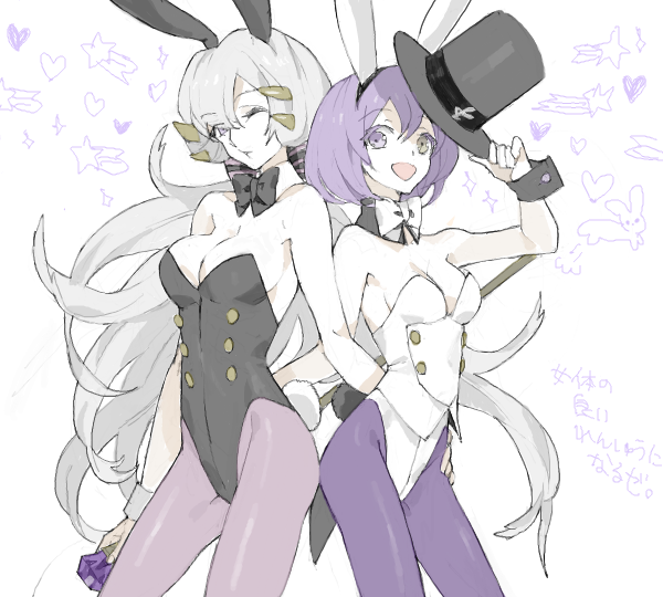 animal_ears bare_shoulders bowtie breasts bunny_costume bunny_ears bunny_tail bunnysuit cleavage detached_collar hair_ornament hairclip hat heterochromia nishihara_isao original pantyhose purple_eyes purple_hair rabbit_ears rod silver_hair tail teron top_hat violet_eyes wink wrist_cuffs yellow_eyes