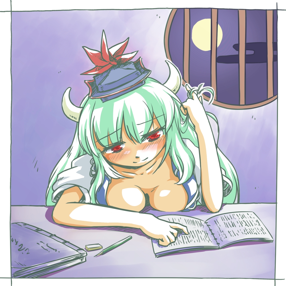 blush book breast_rest breasts cleavage cloud clouds desk ex-keine frame full_moon futatsuki_hisame green_hair hand_in_hair hat horns kamishirasawa_keine large_breasts long_hair moon night pen playing_with_hair red_eyes ribbon round_window shirt short_sleeves sky smile solo touhou window