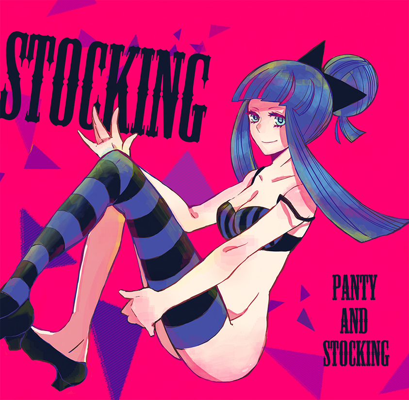 alternate_hairstyle bad_id bra character_name hair_up multicolored_hair no_panties panty_&amp;_stocking_with_garterbelt pink_background single_thighhigh solo sso_(sasara_05) stocking_(psg) striped striped_legwear thigh-highs thighhighs two-tone_hair underwear