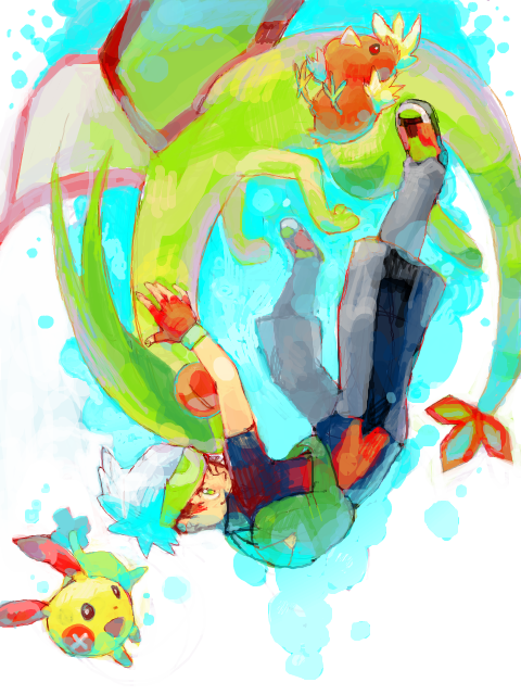 1boy black_hair child closed_eyes falling fingerless_gloves flygon gloves hat hug kaibashira plusle pokemon pokemon_(creature) pokemon_(game) pokemon_rse smile tegaki torchic wink yuuki_(pokemon)