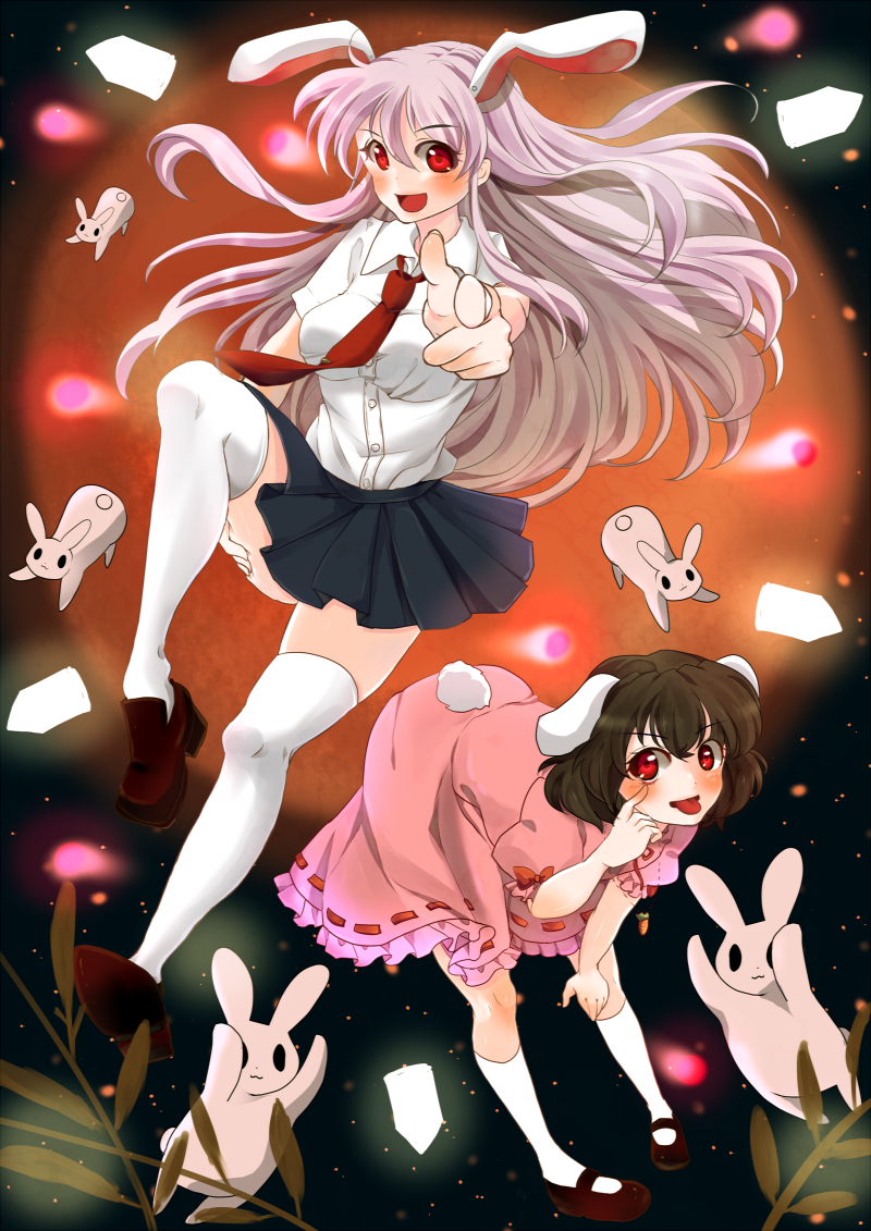 &gt;:p :3 :p akanbe animal_ears blouse blush breasts brown_hair bunny bunny_ears bunny_tail extra_ears inaba_tewi jewelry lavender_hair loafers long_hair looking_at_viewer mary_janes moon multiple_girls necklace necktie open_mouth pointing rabbit rabbit_ears red_eyes reisen_udongein_inaba shoes short_hair short_sleeves skirt tail tongue touhou very_long_hair white_legwear yrzirst