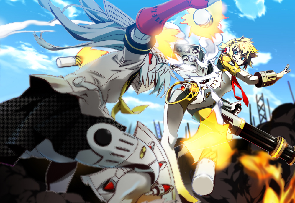 aegis android aqua_hair ass battle_axe blonde_hair blue_eyes blue_hair headphones labrys long_hair multiple_girls nyoronyoro persona persona_3 persona_4 persona_4:_the_ultimate_in_mayonaka_arena pleated_skirt ponytail robot_joints school_uniform short_hair skirt very_long_hair weapon