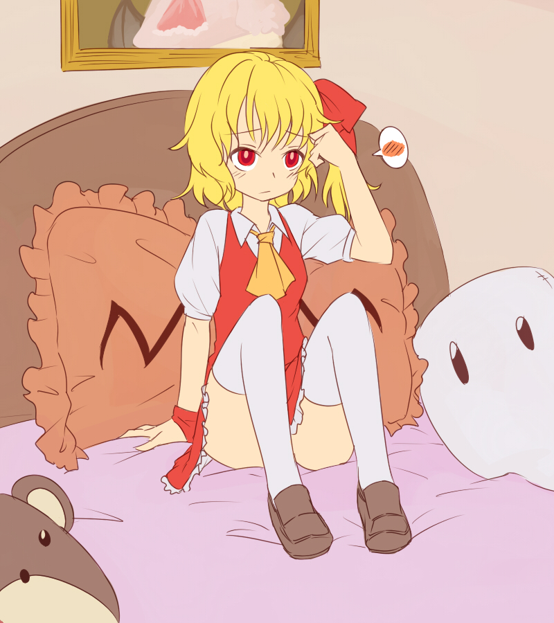 ascot bed blonde_hair flandre_scarlet hair_ribbon miyo_(ranthath) no_hat no_headwear pillow portrait_(object) red_eyes remilia_scarlet ribbon short_hair side_ponytail sitting skirt solo thigh-highs thighhighs touhou white_legwear wings wink