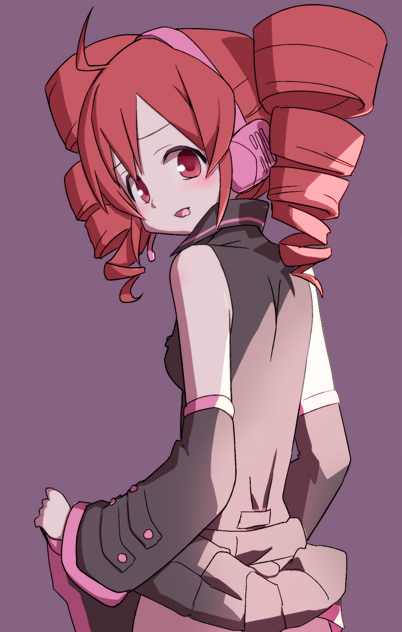 ahoge blush detached_sleeves drill_hair filtration headphones headset highres kasane_teto looking_back open_mouth red_eyes red_hair redhead short_hair skirt skirt_lift smile solo thigh-highs thighhighs tongue tongue_out twin_drills twintails utau vocaloid