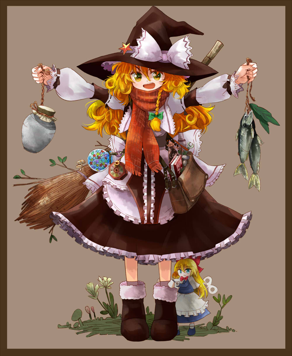 &gt;:d :&lt; :d apron aqua_eyes bag ball bamboo_broom bell blonde_hair book boots bottle bow braid broom capelet curly_hair doll female fish flower frills gradient_eyes green_eyes hair_between_eyes hair_bow handbag hat hat_bow highres holding kirisame_marisa lace leaf long_hair long_sleeves mini-hakkero multicolored_eyes mushroom open_mouth outstretched_arms plant pot puffy_sleeves rock scarf sepia_background shanghai shanghai_doll side_braid simple_background single_braid smile soda standing star telescope touhou uma_(shirokirin) winding_key windowboxed witch_hat wrench yellow_eyes