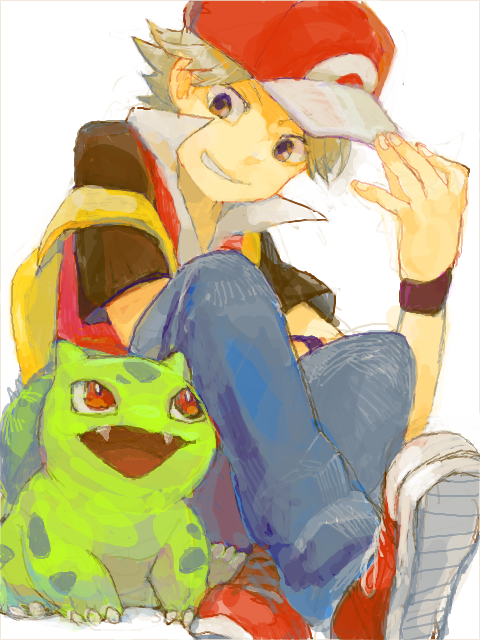 1boy baseball_cap bulbasaur child hat holding kaibashira pokemon pokemon_(creature) pokemon_(game) pokemon_frlg red_(pokemon) red_(pokemon)_(remake) smile tegaki
