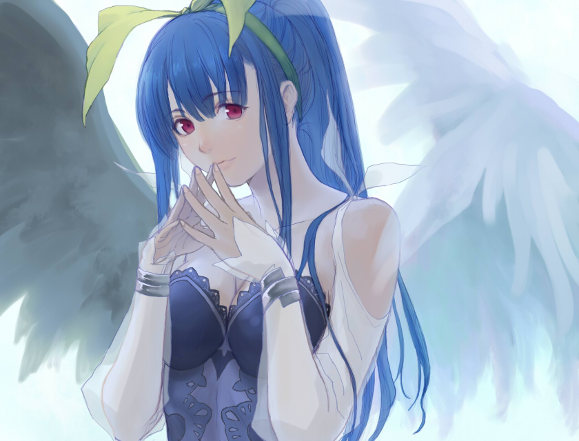 asymmetrical_wings bare_shoulders blue_hair bow breasts cleavage detached_sleeves dizzy feathers guilty_gear guilty_gear_2 hair_bow hair_ribbon kanata_(alezan) long_hair looking_at_viewer ponytail red_eyes ribbon solo wings