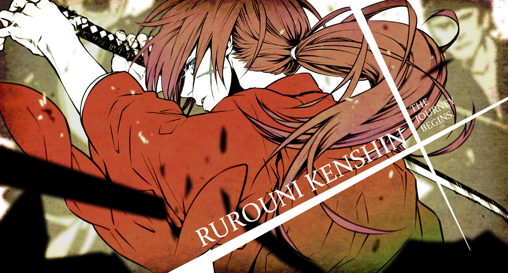 himura_kenshin japanese_clothes katana long_hair male ponytail red_hair redhead rurouni_kenshin saitou_rokuro samurai scar solo sword weapon