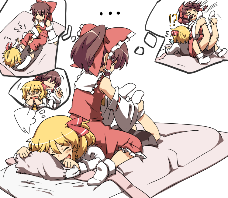 &gt;_&lt; ... 2girls blonde_hair blush brown_eyes brown_hair failure figure_four_leglock futon hair_ribbon hakurei_reimu hihachi imagining laughing multiple_girls pillow ponytail ribbon rumia short_hair simple_background smile socks tickling touhou white_background white_legwear wrestling