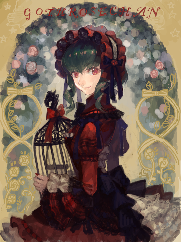 bonnet cage character_request copyright_request dress frills green_hair nishihara_isao red_eyes ribbon teron