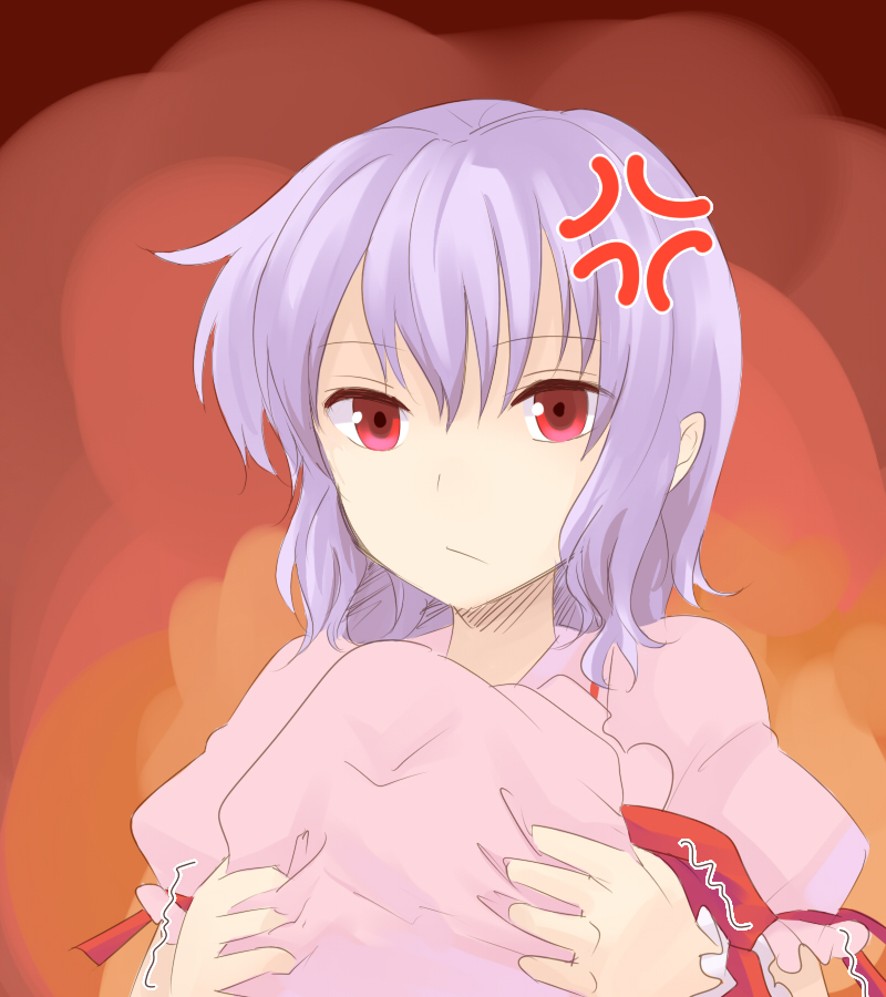 anger_vein bust hat hat_removed headwear_removed lavender_hair miyo_(ranthath) red_eyes remilia_scarlet short_hair solo touhou