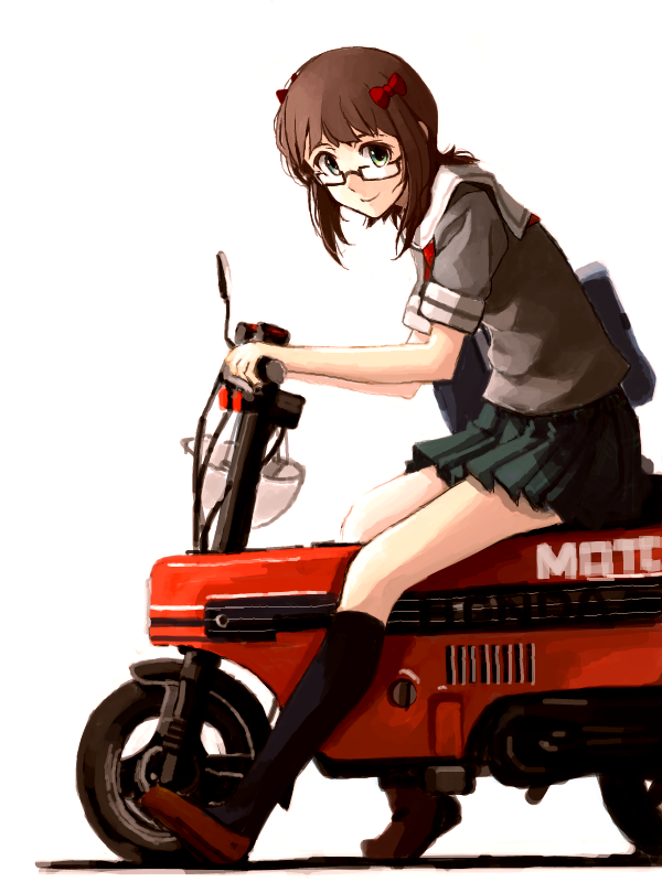 amami_haruka bespectacled bow brown_hair glasses green_eyes hair_bow hair_ribbon helmet idolmaster looking_at_viewer mistrail motocompo motor_vehicle motorcycle ribbon riding school_uniform short_hair simple_background skirt smile solo vehicle white_background