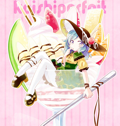 blue_hair chaba_(hortensia) cherry finger_in_mouth food food_as_clothes food_themed_clothes fruit glass grey_eyes hat in_food komeiji_koishi long_hair looking_at_viewer lowres melon orange parfait pocky puffy_sleeves shirt short_sleeves sitting skirt solo touhou whipped_cream wrist_ribbon