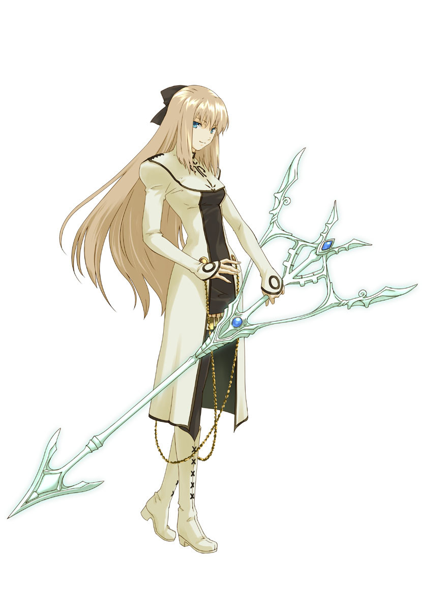 black_legwear blue_eyes boots bow cyril cyrille dress hair_bow knee_boots long_hair official_art pantyhose project_x_zone shining_(series) shining_force_exa solo sword weapon white_dress