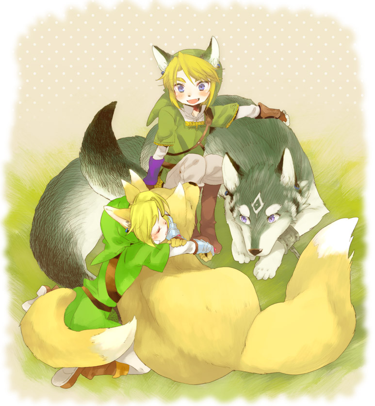 belt blonde_hair blue_eyes closed_eyes earrings eyes_closed gloves hat jewelry link mitsubachi_koucha multiple_persona ocarina_of_time smile tail the_legend_of_zelda twilight_princess wolf
