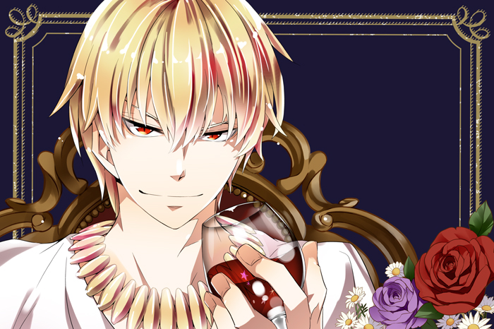 blonde_hair cup evil_smile face fate/zero fate_(series) flower gilgamesh ichitaka jewelry necklace portrait red_eyes smile solo wine wine_glass