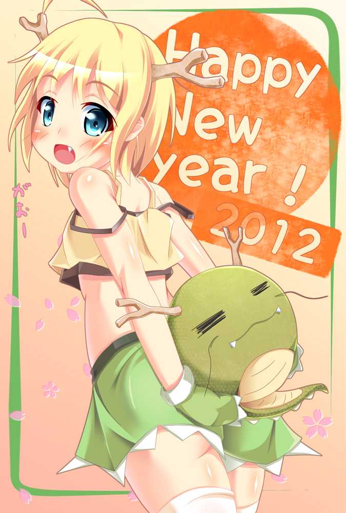 2012 :d ahoge bare_shoulders blonde_hair blue_eyes blush dragon dragon_girl dragon_horns fang horns irie_sekine looking_at_viewer midriff new_year open_mouth original short_hair skirt smile solo tank_top thigh-highs thighhighs